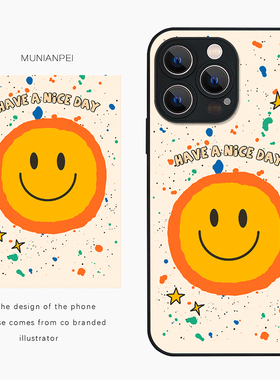 DZ适用苹果16promax手机壳新款iPhone15玻璃14plus卡通黄色笑脸13pro全包12防摔11高级感xs女款7简约创意小众