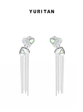 YURITAN贝壳双心流苏耳钉深海系列原创设计粉色绿色宝石镶嵌耳钉