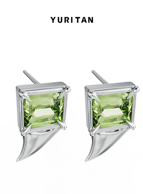 YURITAN鲨鱼牙镶钻耳钉深海系列原创设计情侣款黑色绿色宝石镶嵌