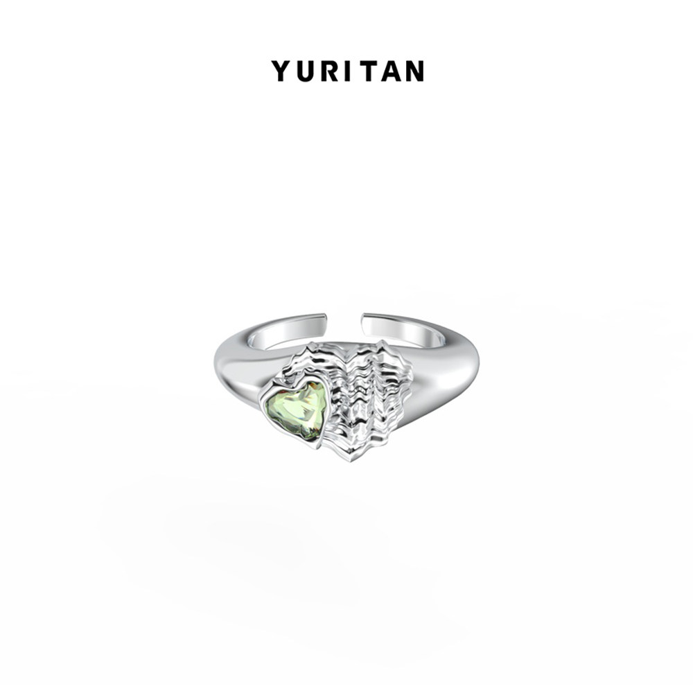 YURITAN贝壳双心戒指深海系列原创设计银色镀金镶嵌宝石可调节款
