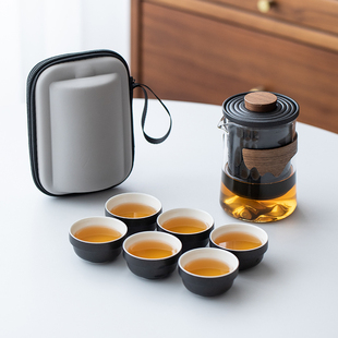 包户外陶瓷快客杯一壶六杯茶水分离玻璃泡茶杯 旅行茶具套裝便携式