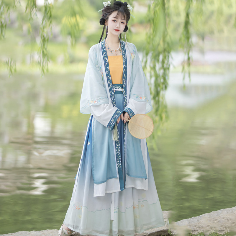 云芳晴风萤月汉服女夏款中国风原创宋制吊带一片式褶裙长褙子套装