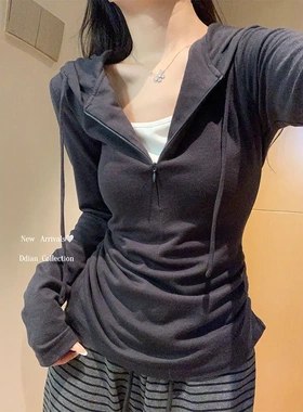 晨领【原版品质-加内抽】韩系假两件半拉链连帽长袖T恤秋季修身上