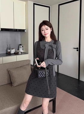 法式千金风波点连衣裙子套装女春季新款蝴蝶结长袖T恤叠穿两件套