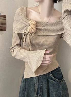 官图实价 一字肩喇叭袖打底衫女春秋不规则内搭修身温柔花朵上衣