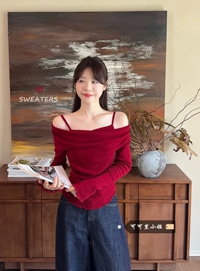 MR【 莫代尔人棉】假两件露肩拼接长袖针织衫女秋季木耳边打底上