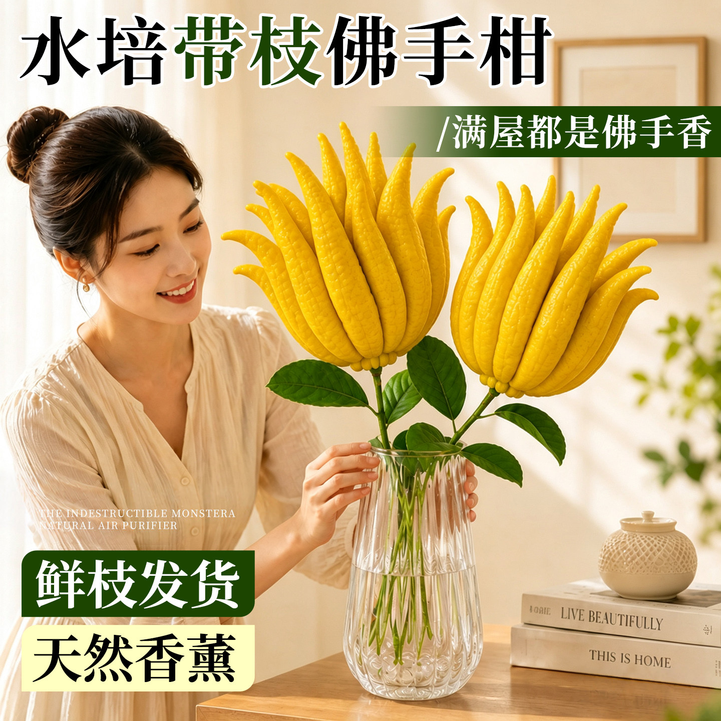 鲜枝水培佛手柑鲜果植物桌面上闻香观赏香橼摆件室内水养可食绿植