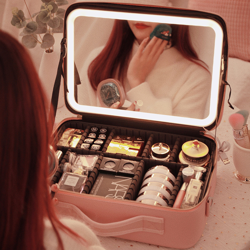 带镜子带灯化妆箱专业跟妆师2024新款大容量便携手提化妆品收纳盒