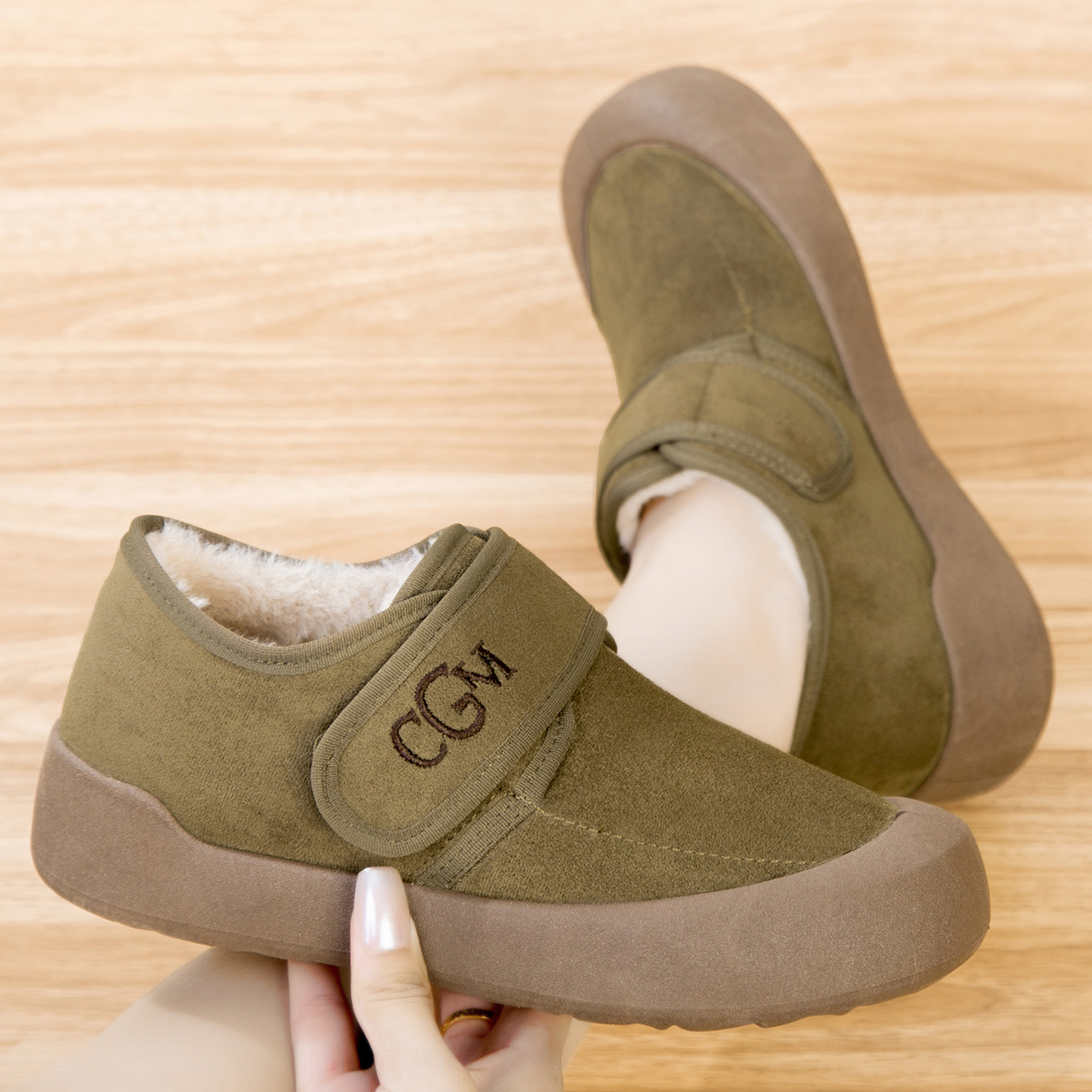 冬季新款加绒女棉鞋魔术贴厚底勃肯鞋保暖舒适妈妈鞋休闲中老年鞋