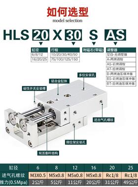 亚德客型HLS带导轨滑台气缸HLS6/8/12/16/20/25X10X30X40X50X75SA