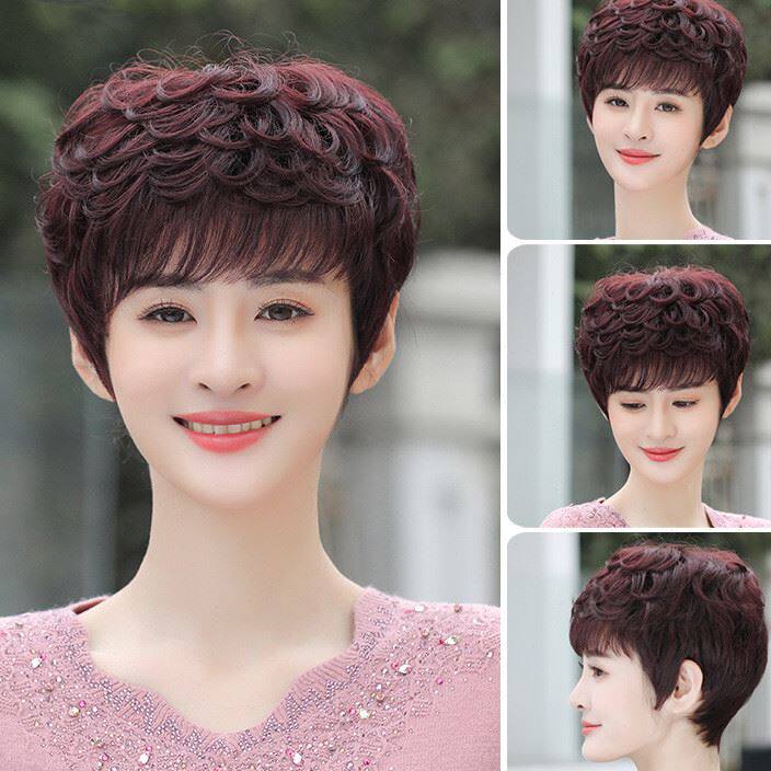 真发假发套女士短发微卷自然中老年真人发丝妈妈款全头套奶奶发型