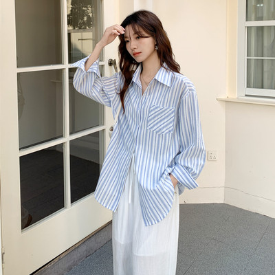 实拍 条纹长袖衬衫女韩系宽松慵懒小众外搭防晒上衣