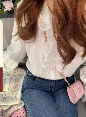 cheriz法式娃娃领衬衫女秋季泡泡袖白色蕾丝甜美长袖小衫上衣