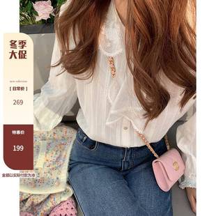 cheriz法式娃娃领衬衫女秋季泡泡袖白色蕾丝甜美长袖小衫上衣