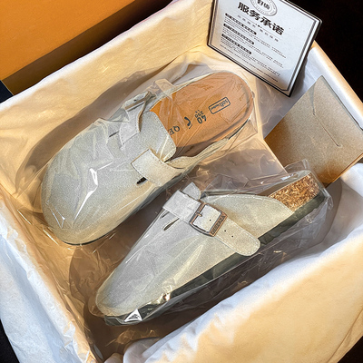 真皮勃肯鞋半拖男女款水泥灰夏季爆款懒人一脚蹬情侣包头博肯拖鞋