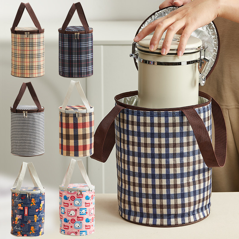 饭袋便当包保温桶袋子学生圆形饭盒袋便当盒饭桶保温袋带饭手提袋