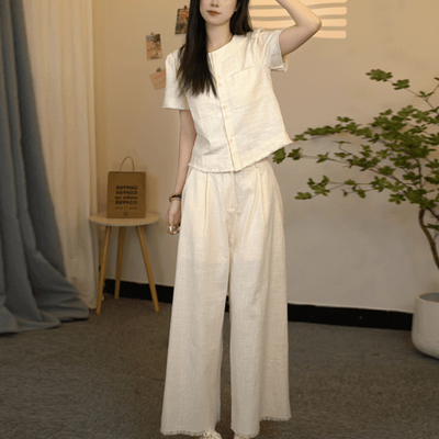 欧货亚麻套装女士夏季大码显瘦时尚洋气高端棉麻上衣阔腿裤两件套