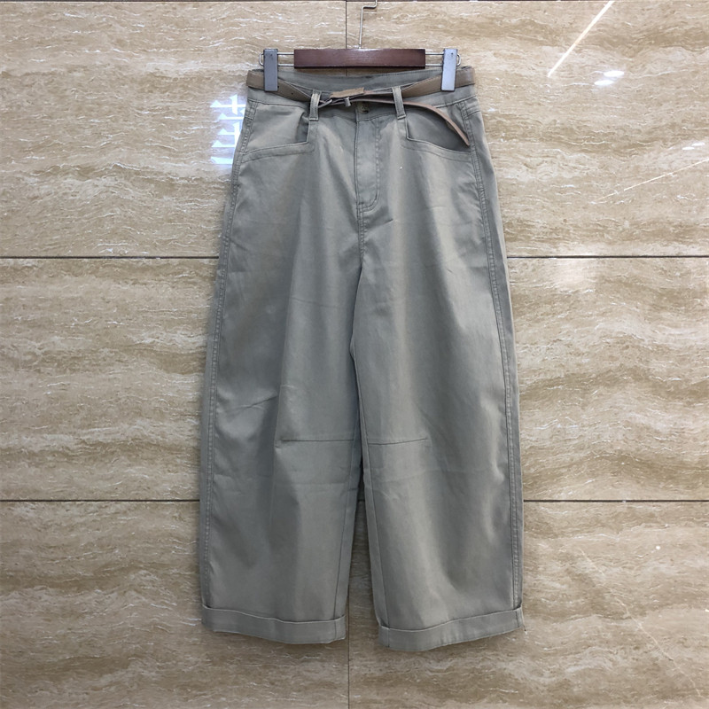 欧洲站69613正品卡其色阔腿宽松褶皱设计感口袋纽扣腰带牛仔裤夏