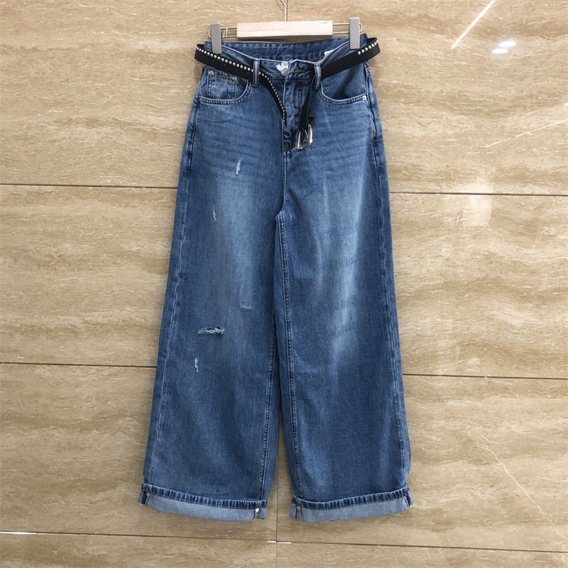 欧洲站S26152真够阔腿直筒宽松显瘦破洞铆钉腰带设计夏季薄牛仔裤