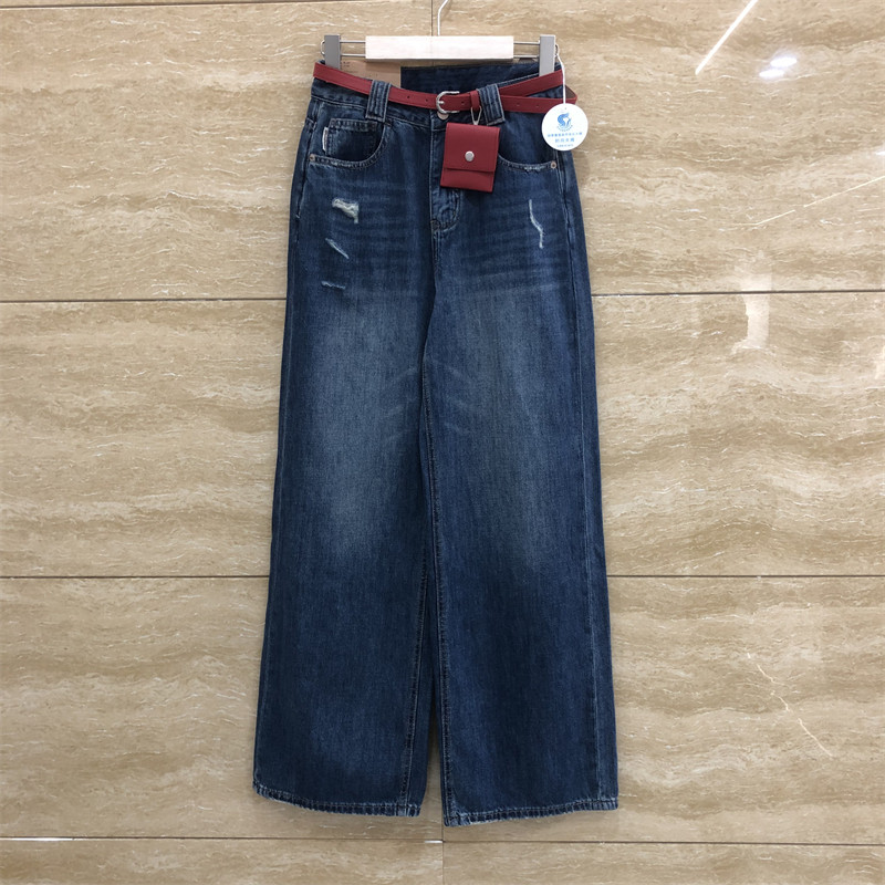 欧洲站66203HTZ正品阔腿直筒红色腰包破洞宽松显瘦薄款夏季牛仔裤
