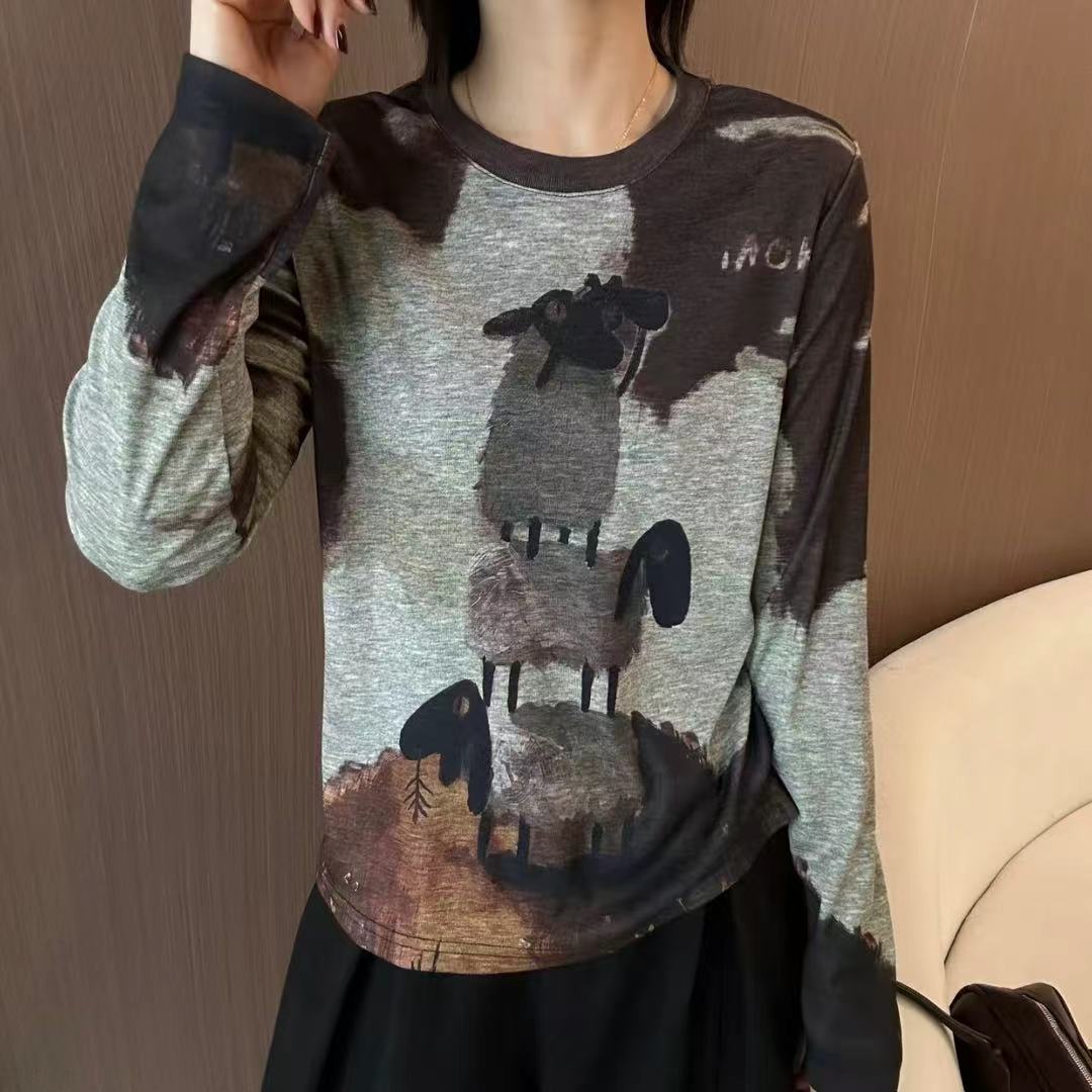 韩范圆领撞色印花长袖显瘦T恤女