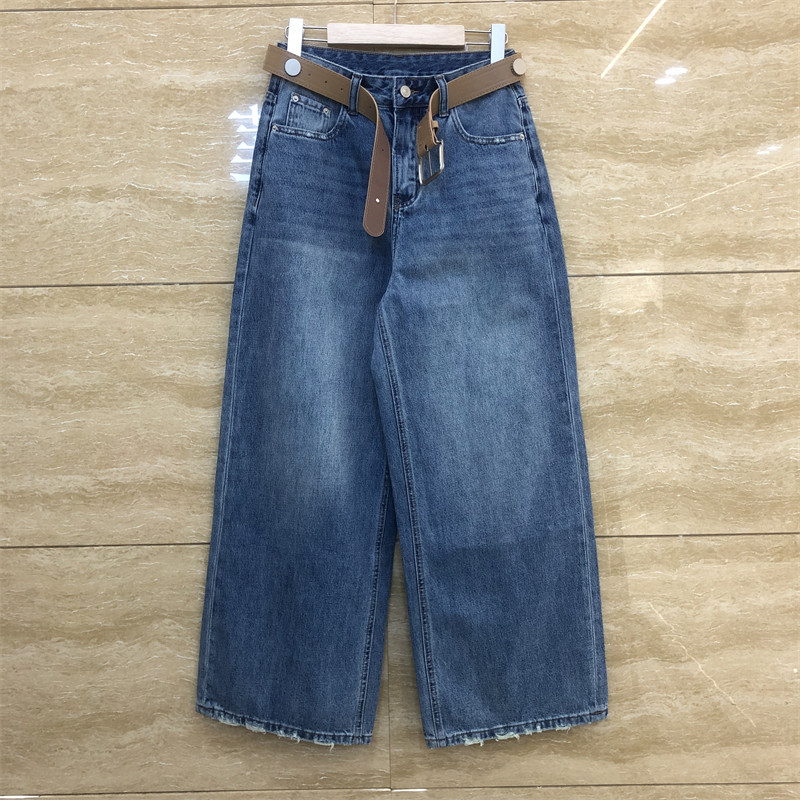 欧洲站2663阔腿直筒宽松大版裤脚破洞毛边设计薄款浅色牛仔裤春装