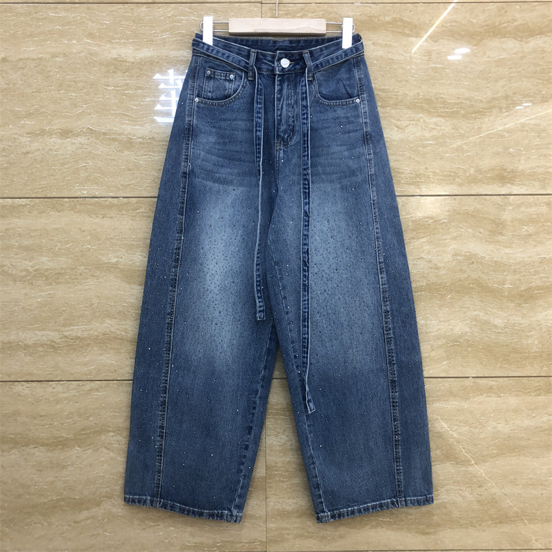 欧洲站2626烫钻设计本体系绳设计阔腿杠条宽松显瘦老爹牛仔裤春装