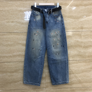 欧洲站2648设计感弯刀渐变色油漆花点腰带宽松显瘦春装薄款牛仔裤