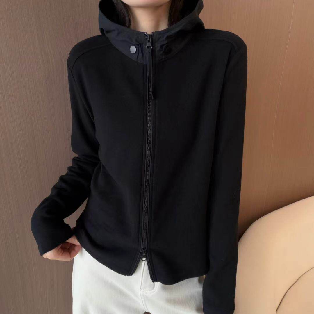 黑色连帽双拉链显瘦绒衫女冬季款