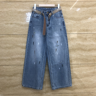 欧洲站2677设计感铆钉腰带油漆花点破洞直筒宽松薄款浅色牛仔裤女