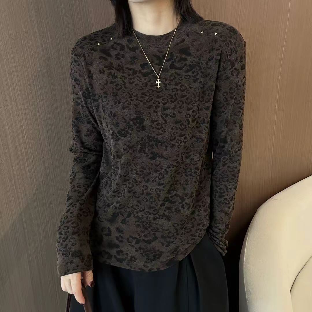 秋季植绒豹纹修身显瘦长袖T恤女