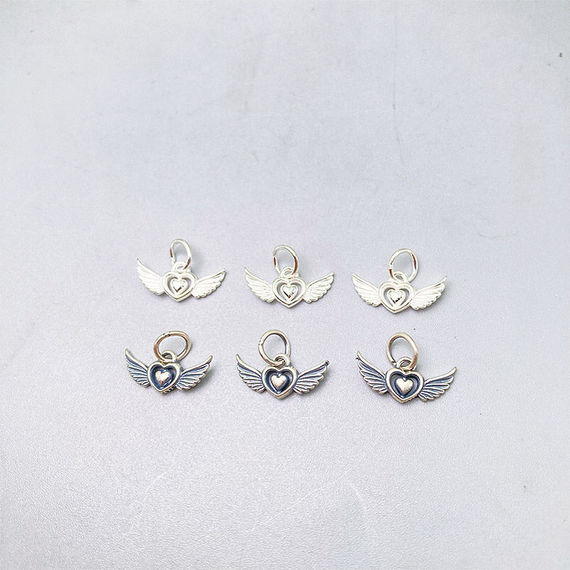 S925纯银爱心翅膀吊坠天使之翼挂件手工DIY手链串珠饰品银饰配件