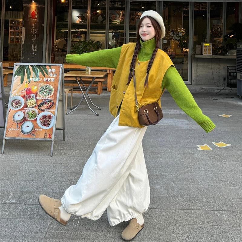 超好看阔腿裤白色慵懒松弛感裤子女2025新款春季马甲牛仔长裤套装