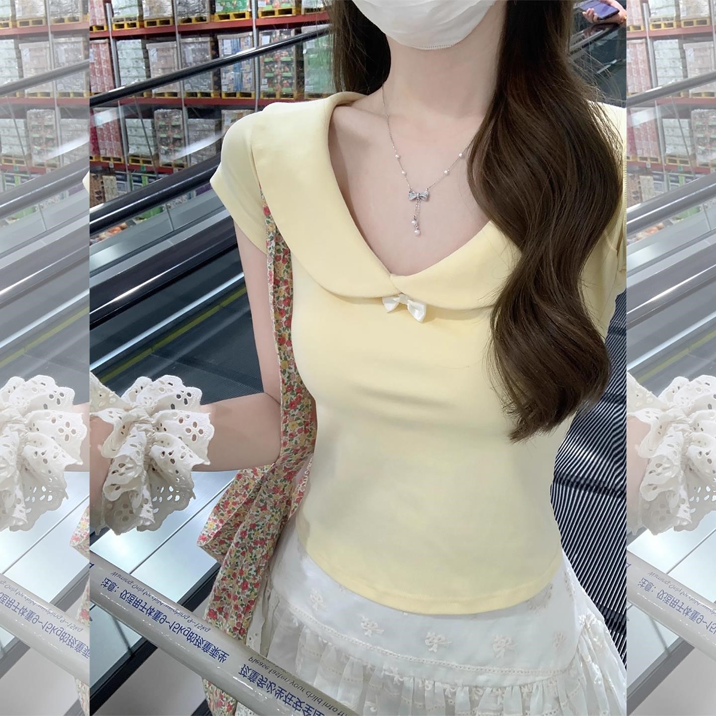 甜妹娃娃领黄色短袖t恤女夏显瘦