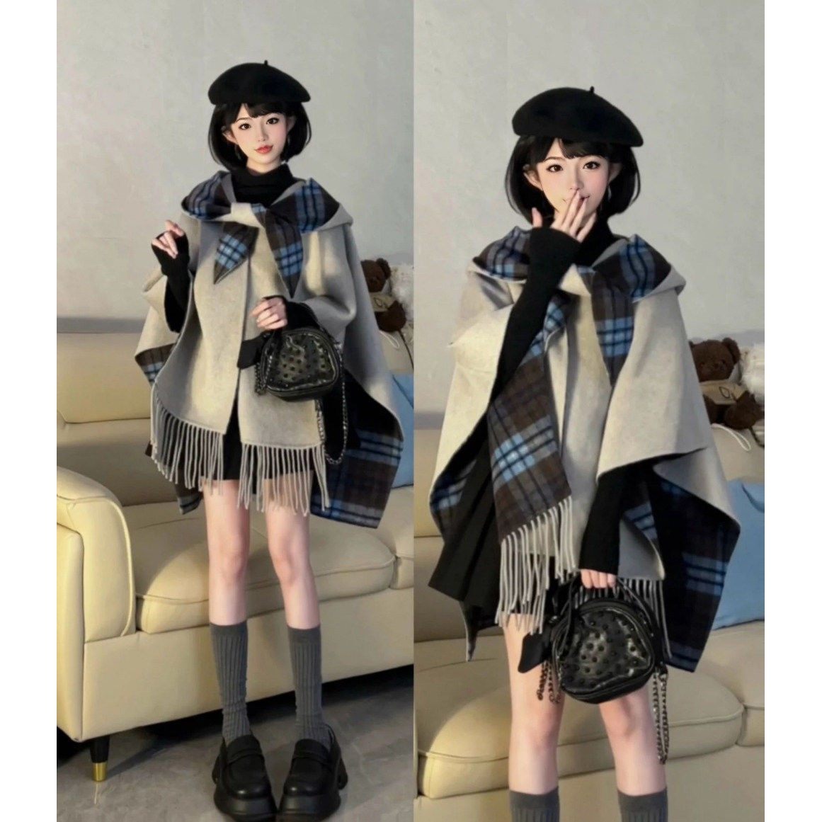 灰色格子斗篷双面穿呢子大衣女秋冬小个子高级感披肩短款毛呢外套,女装/女士精品,毛呢外套,淘宝优惠券,粉丝福利购,淘宝优惠卷