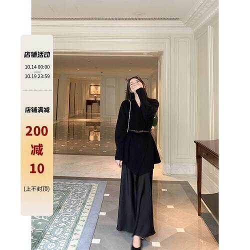 篱笆篱笆啦 重磅大女主 wan美廓形(送腰带)黑色针织衫翻领外套女