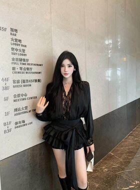 法式少女风灯笼袖蕾丝纱飘带蝴蝶
