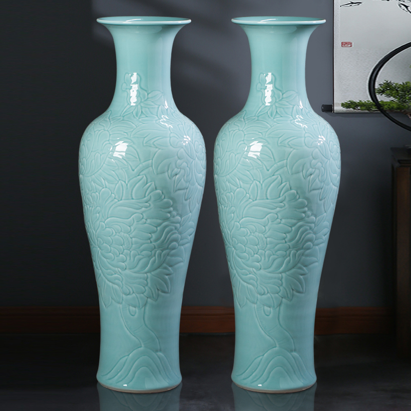 景德镇陶瓷器影青釉牡丹手工雕刻落地大花瓶酒店客厅开业摆件大号