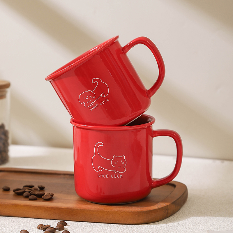 简约马克杯大容量家用杯子红色陶瓷水杯咖啡杯男女学生牛奶杯茶杯