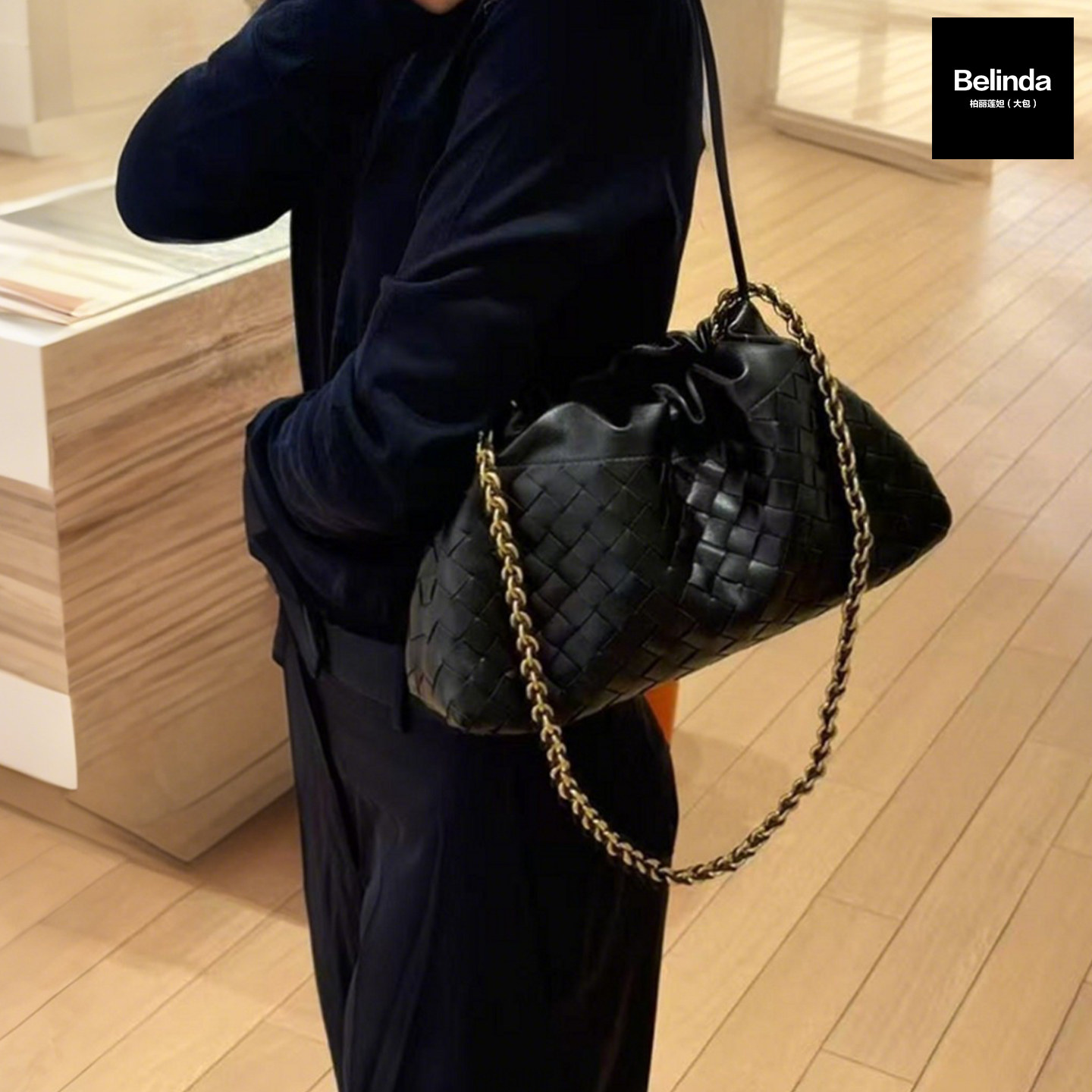 新款羊皮链条编织抽绳云朵包饺子包手提单肩斜挎复古休闲通勤女包