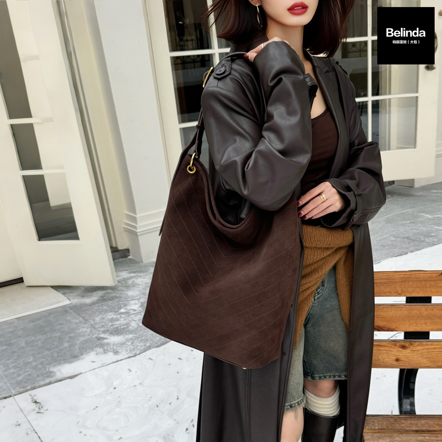 麂皮大容量斜挎复古水桶托特包女