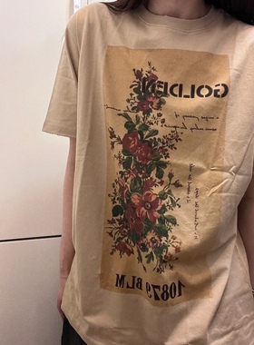 好质量！复古油画古着短袖T恤2023夏季新款插花ins风上衣#1303