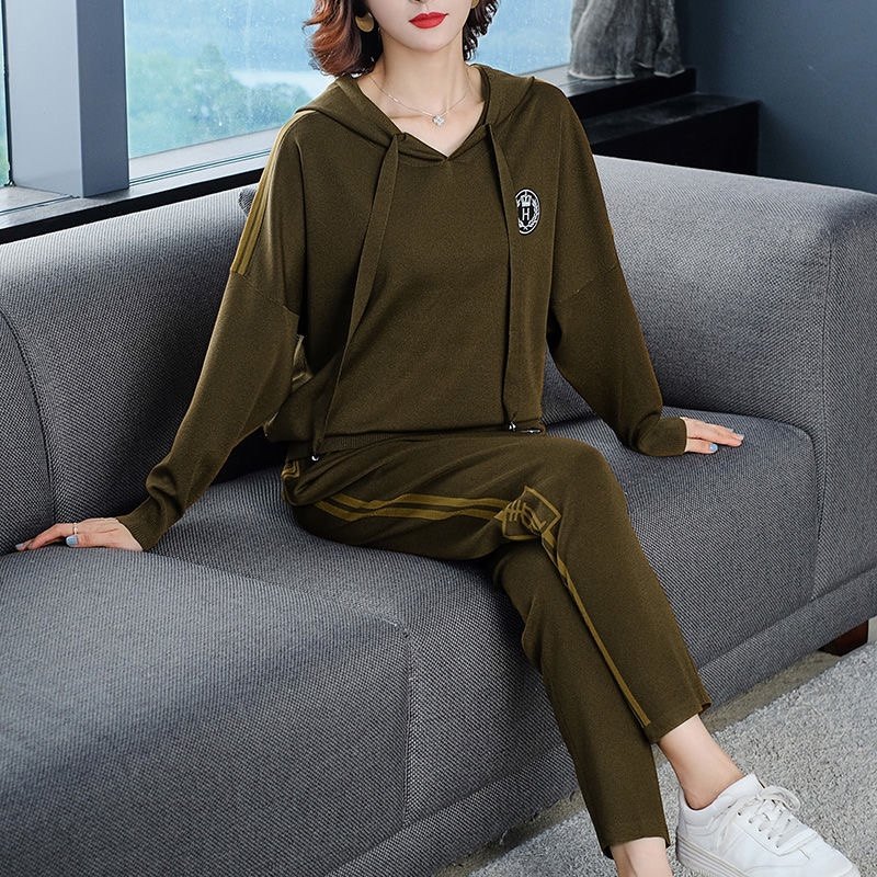 冰丝针织运动服休闲套装女春秋宽松时尚潮流洋气大码卫衣两件套