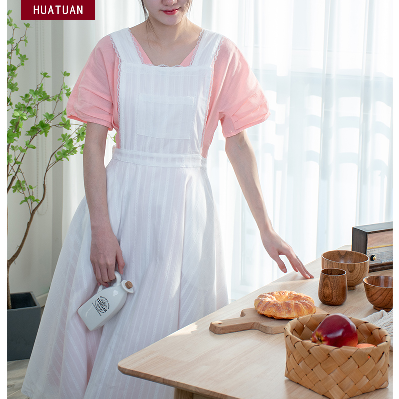 白色田园风少女长围裙家用厨房画画花店甜品烘焙奶茶店围腰工作服