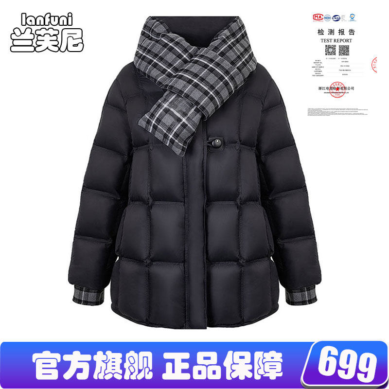 泡芙围巾格子圆领时尚羽绒服中长款款冬季新款显瘦保暖白鸭绒外套
