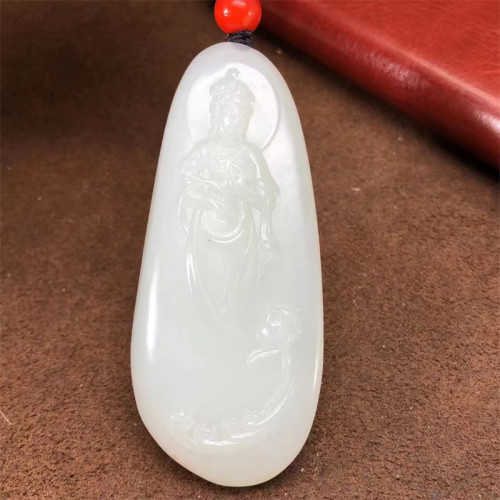 禧凤楼新疆和田玉籽料苏工雕刻白皮站立观音羊脂白玉吊坠 - 封面