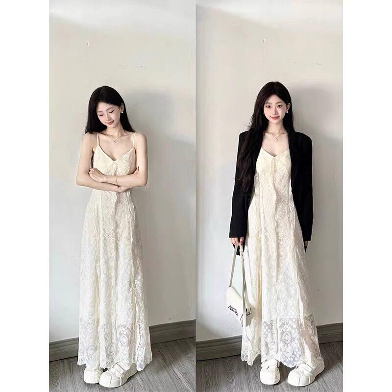 声雨竹早秋流行韩系穿搭法式气质蕾丝吊带裙套装大码高级感白色连