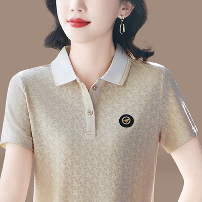 声雨竹翻领短袖t恤女夏季2026新款时尚洋气印花薄款速干女士显瘦