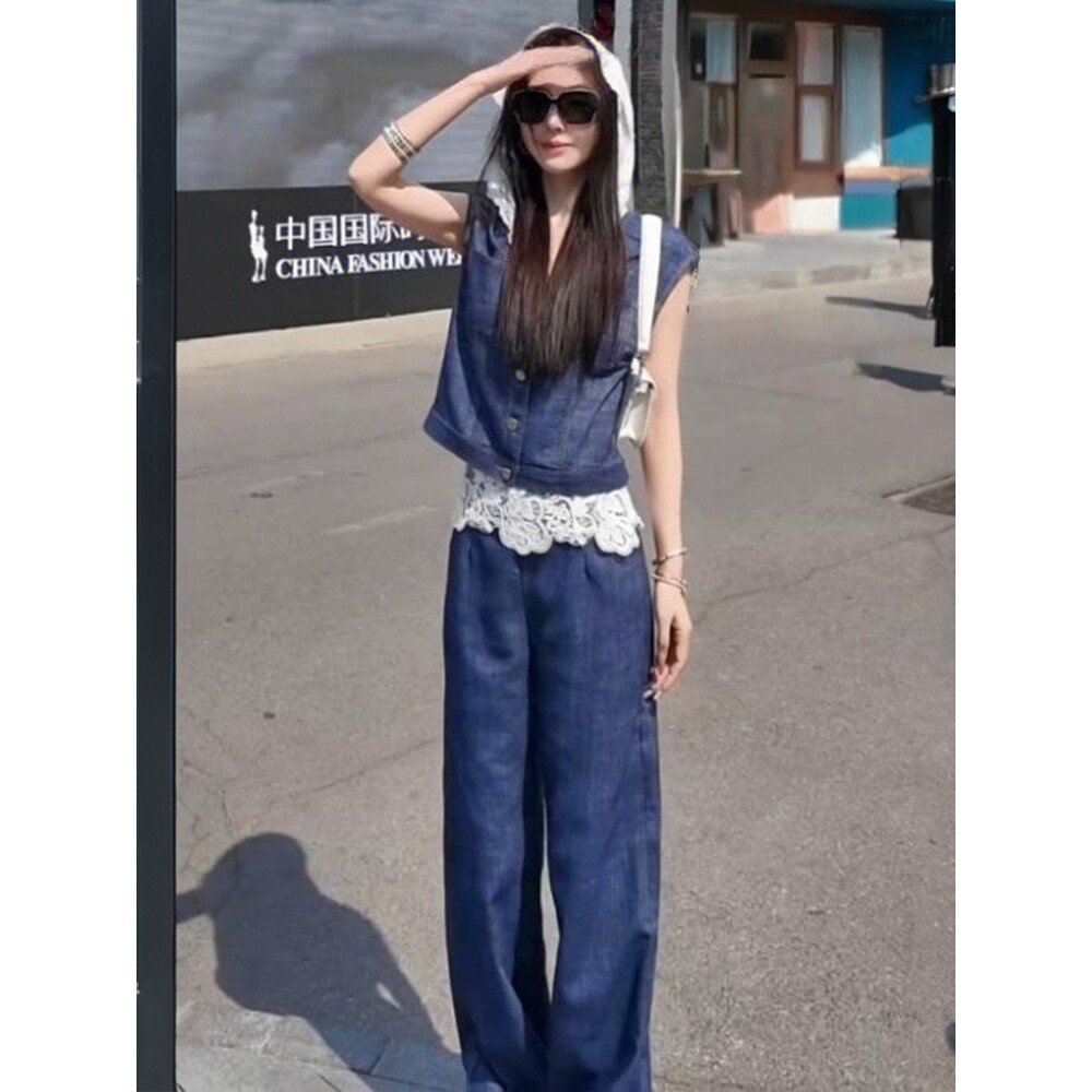 声雨竹小香风休闲假两件蕾丝马甲套装女夏季高级感显瘦牛仔阔腿裤