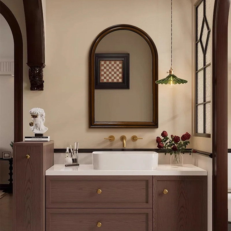 新中式卫生间壁挂浴室镜卧室梳妆台化妆镜中古玄关装饰镜定制镜子